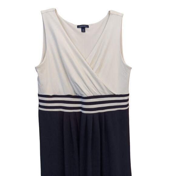 LANDS' END Dress Size LG Surplice Pleats Stretchy Knit Cream Black Striped Waist - Picture 3 of 7